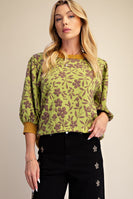 Easel Floral Pattern Washed Top in Matcha Green