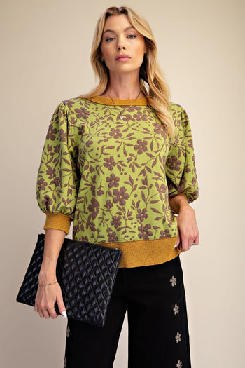 Easel Floral Pattern Washed Top in Matcha Green