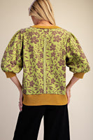 Easel Floral Pattern Washed Top in Matcha Green