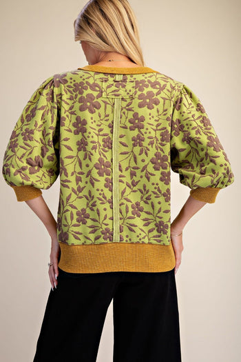 Easel Floral Pattern Washed Top in Matcha Green