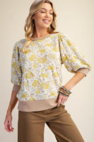 Easel Textured Floral Pattern Washed Top in Mustard Khaki