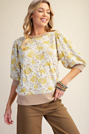 Easel Textured Floral Pattern Washed Top in Mustard Khaki