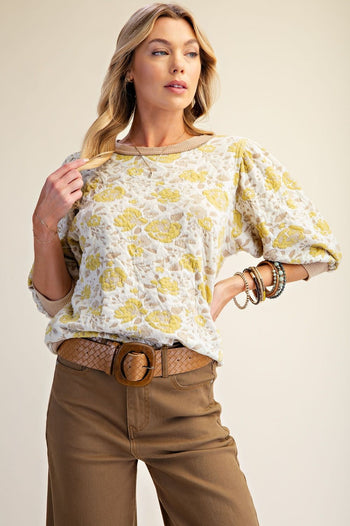 Easel Textured Floral Pattern Washed Top in Mustard Khaki
