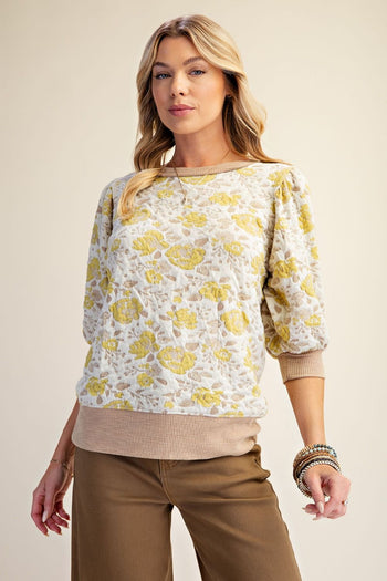Easel Textured Floral Pattern Washed Top in Mustard Khaki