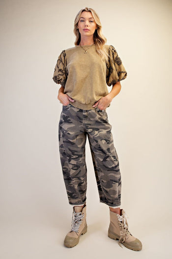 Easel Washed Terry Knit Top with Textured Sleeves in Olive