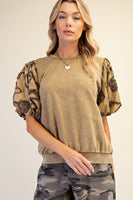 Easel Washed Terry Knit Top with Textured Sleeves in Olive