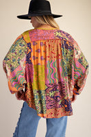 Easel Patchwork Printed Rayon Gauze Woven Top in Coral Rose