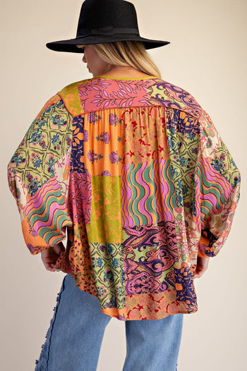 Easel Patchwork Printed Rayon Gauze Woven Top in Coral Rose