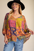 Easel Patchwork Printed Rayon Gauze Woven Top in Coral Rose