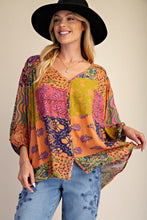 Load image into Gallery viewer, Easel Patchwork Printed Rayon Gauze Woven Top in Coral Rose
