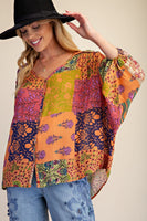 Easel Patchwork Printed Rayon Gauze Woven Top in Coral Rose