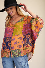Load image into Gallery viewer, Easel Patchwork Printed Rayon Gauze Woven Top in Coral Rose
