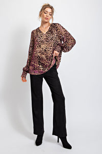 Easel Animal Print Top with Burnout Sleeves in Eggplant Shirts & Tops Easel   
