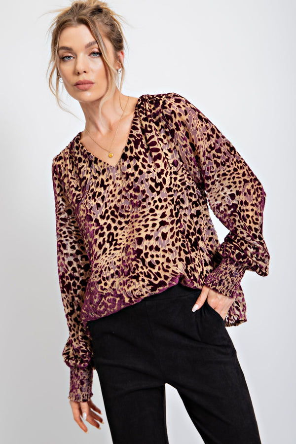 Easel Animal Print Top with Burnout Sleeves in Eggplant Shirts & Tops Easel   