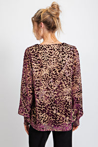 Easel Animal Print Top with Burnout Sleeves in Eggplant Shirts & Tops Easel   