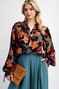 Easel Floral Print Rayon Gauze Top in Black