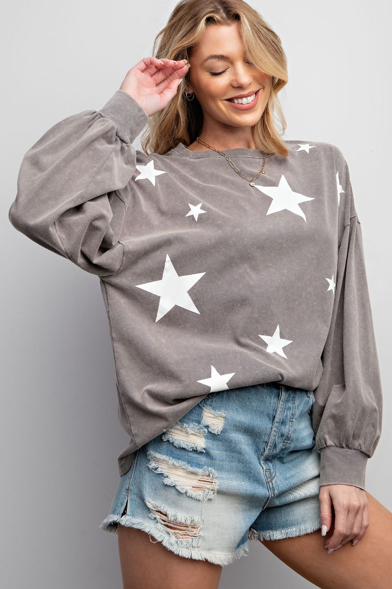 Easel Star Printed Mineral Washed Top in Ash Shirts & Tops Easel   