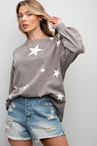 Easel Star Printed Mineral Washed Top in Ash Shirts & Tops Easel   