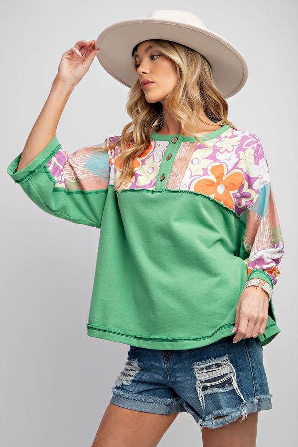 Easel Mixed Print Terry Knit Top in Apple Green Shirts & Tops Easel   