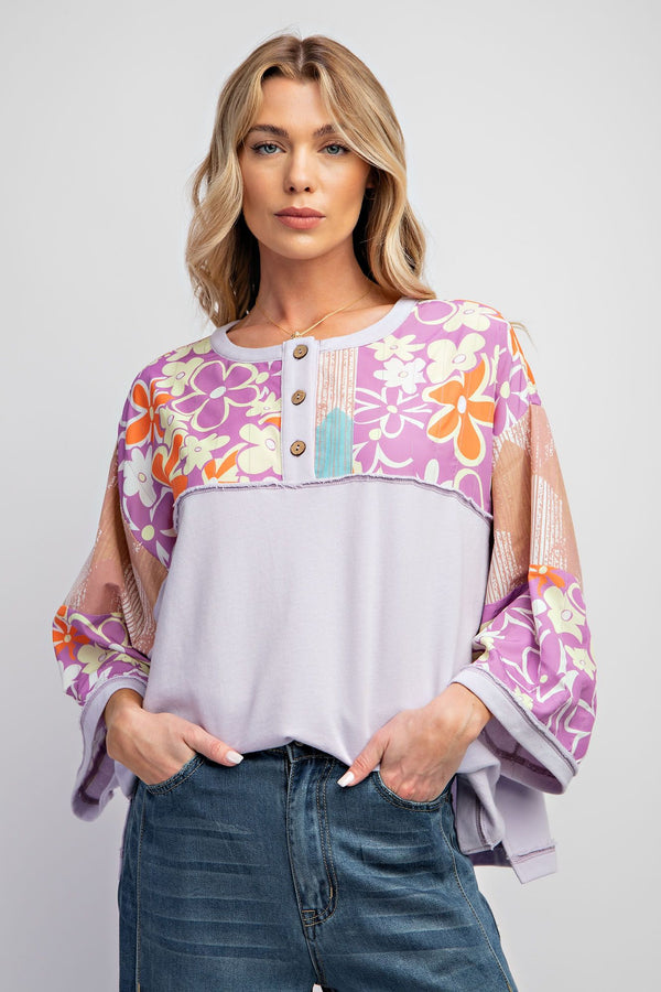 Easel Mixed Print Terry Knit Top in Lilac Shirts & Tops Easel   