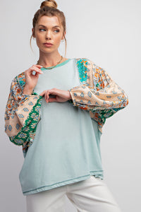 Easel Mix Print Cotton Knit Top in Sage Green Shirts & Tops Easel   