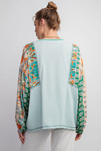 Easel Mix Print Cotton Knit Top in Sage Green Shirts & Tops Easel   