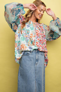 Easel Floral Print Mix n Match Top in Natural Sage Shirts & Tops Easel   