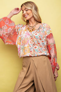 Easel Floral Print Mix n Match Top in Sage Coral Shirts & Tops Easel   