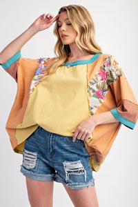 Easel Mixed Print Color Block Top in Butter Melon