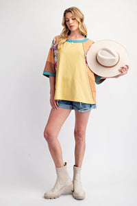 Easel Mixed Print Color Block Top in Butter Melon