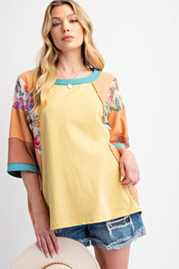 Easel Mixed Print Color Block Top in Butter Melon