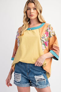 Easel Mixed Print Color Block Top in Butter Melon