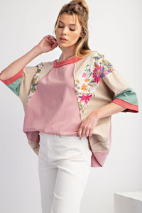 Easel Mixed Print Color Block Top in Dusty Rose