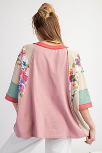 Easel Mixed Print Color Block Top in Dusty Rose