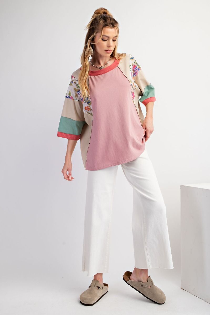 Easel Mixed Print Color Block Top in Dusty Rose