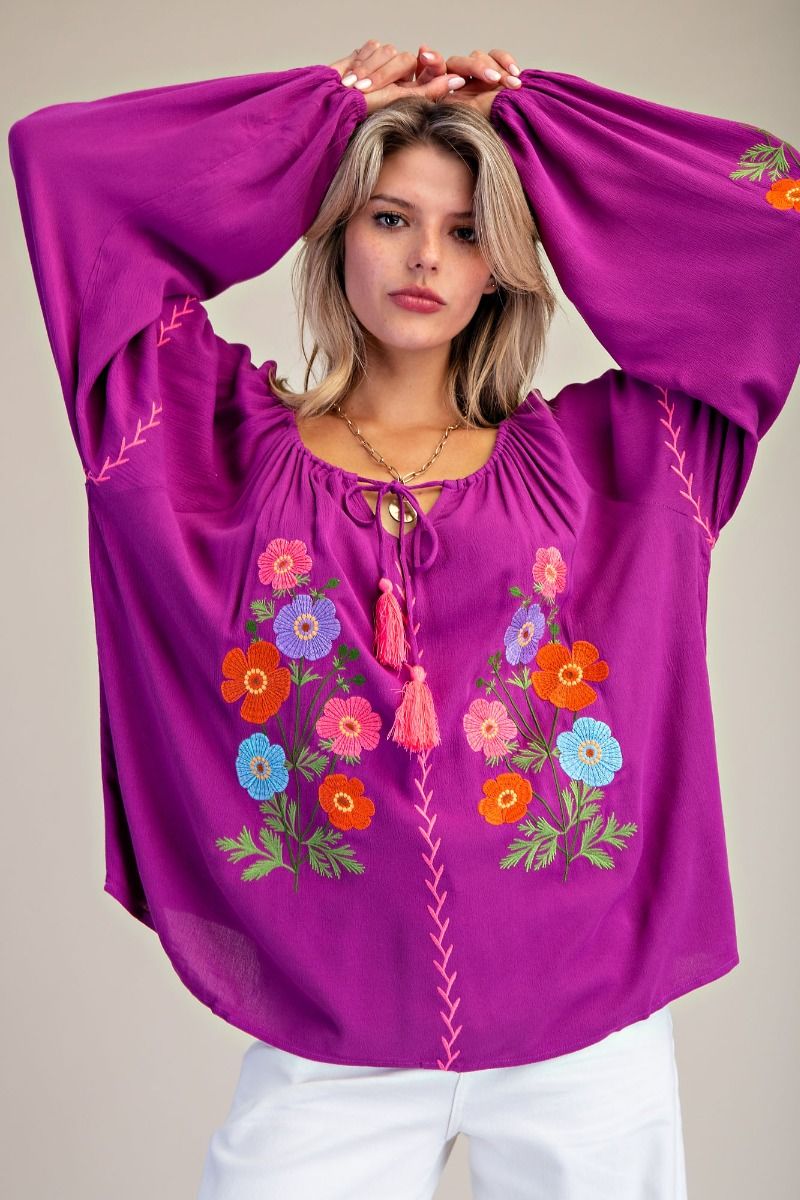 Easel Floral Embroidered Babydoll Top in Orchid – June Adel