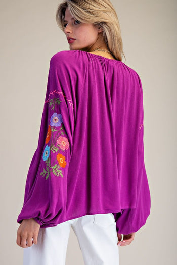 Easel Floral Embroidered Babydoll Top in Orchid