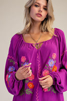 Easel Floral Embroidered Babydoll Top in Orchid
