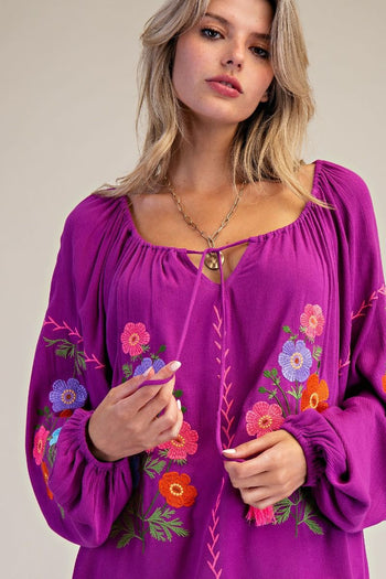 Easel Floral Embroidered Babydoll Top in Orchid