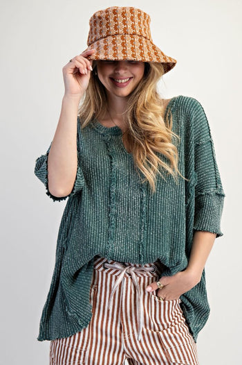Easel Textured Ribbed Knit Top in Emerald ON ORDER
