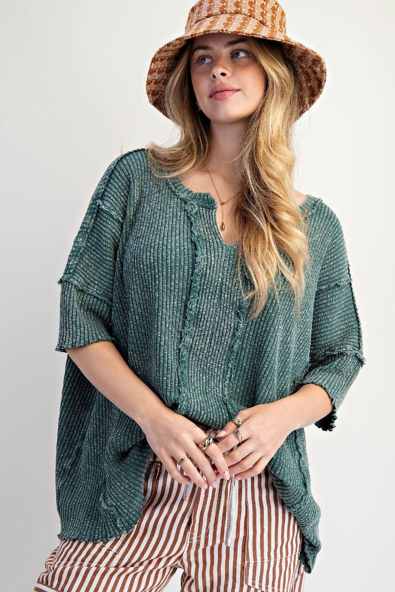 Easel Textured Ribbed Knit Top in Emerald ON ORDER