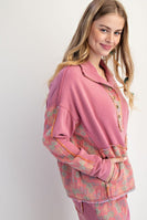 Easel Terry Knit and Floral Knit Pullover Top in Boho Red