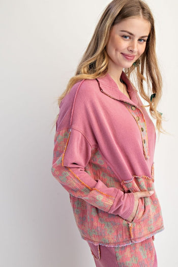 Easel Terry Knit and Floral Knit Pullover Top in Boho Red