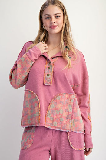 Easel Terry Knit and Floral Knit Pullover Top in Boho Red