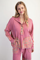 Easel Terry Knit and Floral Knit Pullover Top in Boho Red