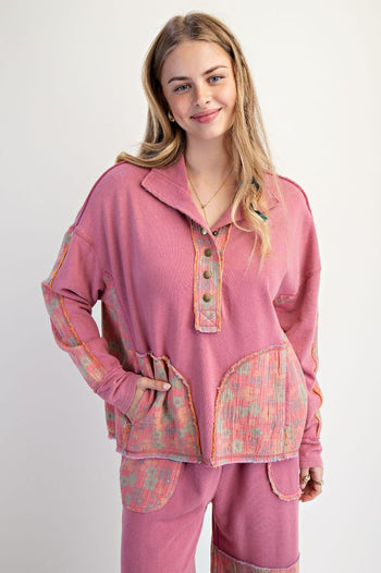 Easel Terry Knit and Floral Knit Pullover Top in Boho Red