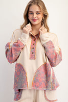 Easel Terry Knit and Floral Knit Pullover Top in Oatmeal