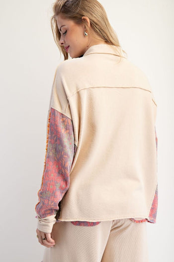 Easel Terry Knit and Floral Knit Pullover Top in Oatmeal
