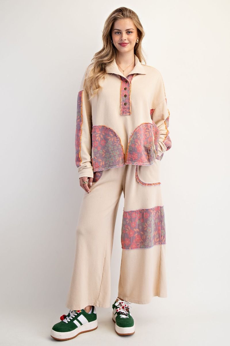 Easel Terry Knit and Floral Knit Pants in Oatmeal