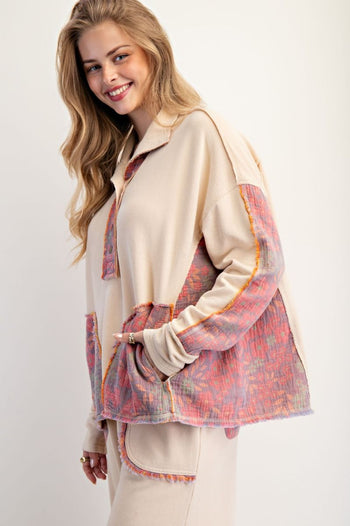 Easel Terry Knit and Floral Knit Pullover Top in Oatmeal